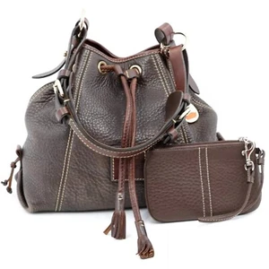DOONEY & BOURKE DRAWSTRING BUCKET BAG SATCHEL PURSE DK BROWN LEATHER TASSEL HOBO - Picture 1 of 12