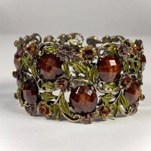 Floral Cuff Bracelet Faceted Rhinestone Brown Green Leaves Vine Antiqued Jewelry - Picture 1 of 10