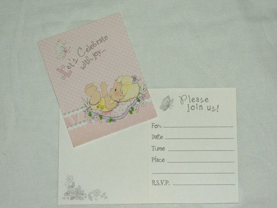 PRECIOUS MOMENTS BEBÉ NIÑA ROSA 8 INVITACIONES CON SOBRES SUMINISTROS DE FIESTA   Foto 1 de 1