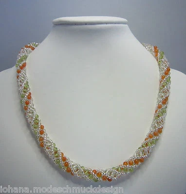 Edelsteine Spiralnetzkette aus Peridot, Bergkristall, Karneol, handmade - Bild 1 von 4