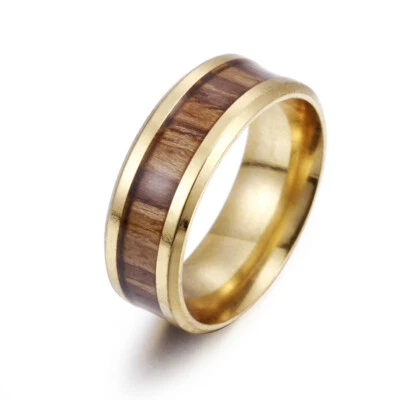 Anillo con incrustaciones de madera para hombre y mujer de acero inoxidable talla 6-13 Foto 1 de 4
