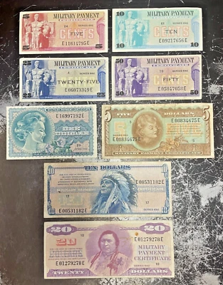 Last Issued MPC Set of 8= 5¢, 10¢, 25¢, 50¢, $1, $5. $10 & $20 Type 692 (1970-3) - Image 1 of 2