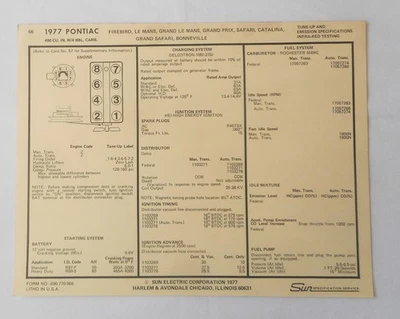 Pontiac Sun Tune Up Chart 400 V8 1977 todos los modelos Firebird transmisión automática Gran Premio Foto 1 de 2