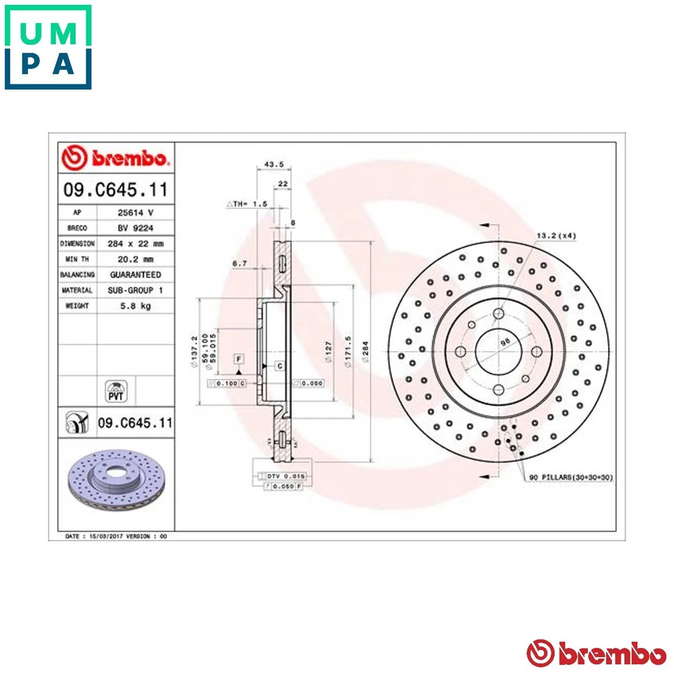2x BRAKE DISC 09.C645.11 FOR ABARTH 500/595C/695C 500C 312B4.000/B6.000 1.4L - Image 1 of 4