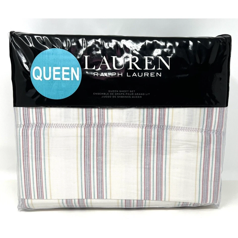 Ralph Lauren 4pc Claudia Striped 200tc Cotton Percale Queen Sheet Set Multi