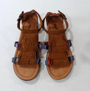 MINNIE TONKA Women's BOHO Brown Leather Sandals Flats Aztec Fringe Size 6 - Picture 1 of 9