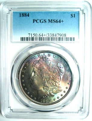 1884 RAINBOW MORGAN DOLLAR PCGS MS64+~COLORFUL OBVERSE PASTEL RAINBOW TONING* - Image 1 of 4