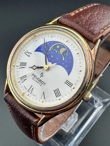 Funktionierende Peugeot Vintage Herrenuhr Mondphase Gold Leder römische Ziffern B1 - Bild 1 von 10