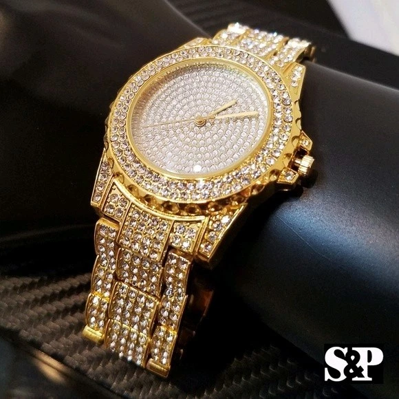 Reloj de pulsera de metal chapado en oro rosa con bisel helado grande de 48 mm para hombre Foto 1 de 4