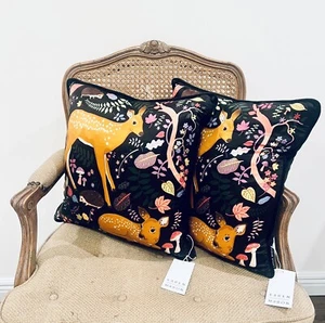 NWT Karen Mabon Flora Fawn Mushroom Down Pillows 16” Forest Deer Silk Set Of 2 - Picture 1 of 10