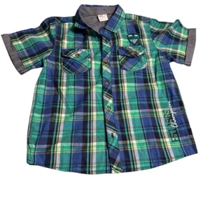 Max Boys Plaid Button Down Shirt Short Sleeve Soccer Patch Casual 7-8 Years - Picture 1 of 8