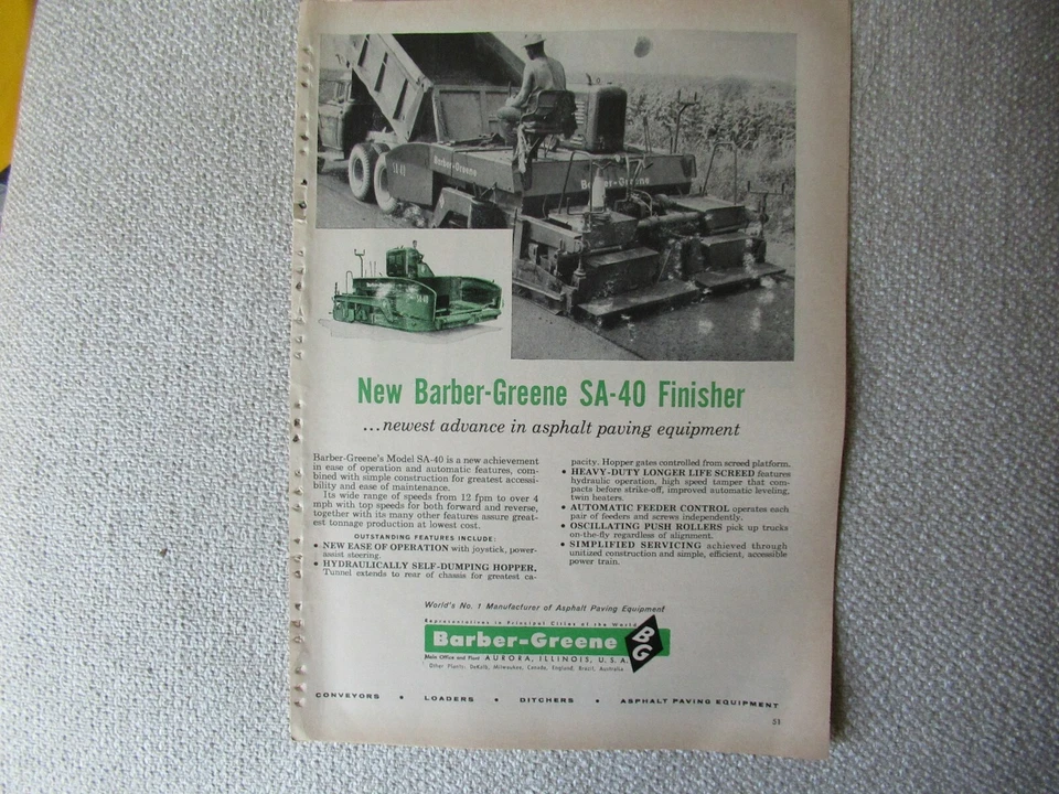 1962 Barber-Green SA-40 paving finisher print AD - Image 1 of 1