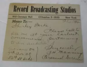 1944 RECORD BRODCASTING STUDIOS, CARNEGIE HALL, NY Audizione Memo Card - Foto 1 di 2