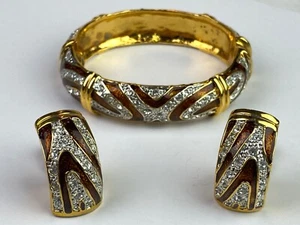 Gold Tone SET Bangle Bracelet Clip Earrings Enamel Rhinestones - Picture 1 of 12