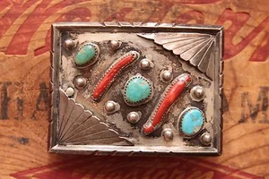 Vtg Hand Made Sterling Silver Native American Style Turquoise Coral Belt Buckle - Picture 1 of 4