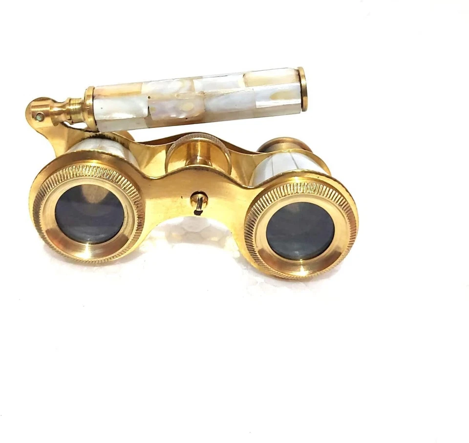 Antique Brass Made Binocular Telescope with Handle Golden and White Color Travel - Image 1 of 4