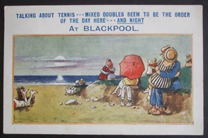 20s BAMFORTH Comic TENNIS theme MIXED DOUBLES AT BLACKPOOL COUPLES ON BEACH - Foto 1 di 2