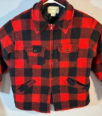 Vtg Melton Red Buffalo Plaid Wool Hunting Mackinaw Jacket Quilt Lined L USA Made - Image 1 of 4