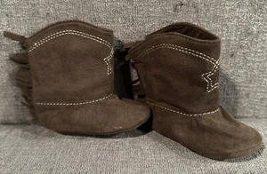 Baby 0-3 Months Brown Faux Suede Cowboy Boots Crib Booties with Star & Fringe - Picture 1 of 6