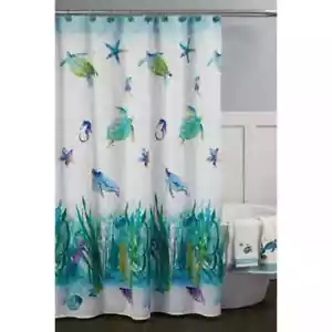 Fabric~SHOWER CURTAIN TROPICAL watercolor Ocean Sea Turtles Sea Horse teal blues - Picture 1 of 7