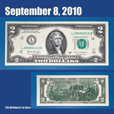 September 8, 2010 Birthday Anniversary $2 Two Dollar Bill Serial Number 09082010 - Image 1 of 2
