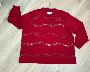 Alfred Dunner Collared Top Long Sleeve Embroidered Plaid Ribbon Flower Red 2X - Picture 1 of 7