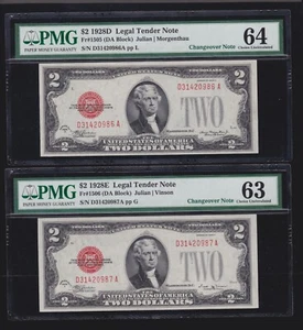 US $2 Legal Tender Change Over Pair (DA Block) FR 1505-06 PMG 64/63 (986-987) - Picture 1 of 2