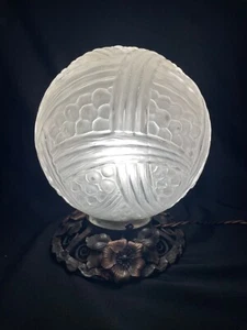 Antique French Art Deco Glass Globe Table Lamp/ Light  Wrought Iron Floral Base - Picture 1 of 13