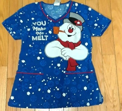 Frosty The Snowman  Scrub Top Womens XS Blue V-Neck Short Sleeve Pockets - Image 1 of 4