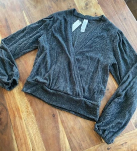 NWT Anthropologie Amadi Surplice Gray Top Sz M Faux Wrap balloon long sleeve - Picture 1 of 9