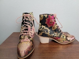 *IMPERFECT*Tapestry Ankle Boots Black Rose Gold Floral Satin Shoes Sz 37/US 6.5 - Picture 1 of 11