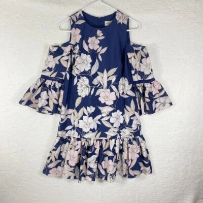 NWT Eliza J Dress Size 4 Navy Blush Floral Cold Shoulder Shift Bell Sleeves - Image 1 of 4