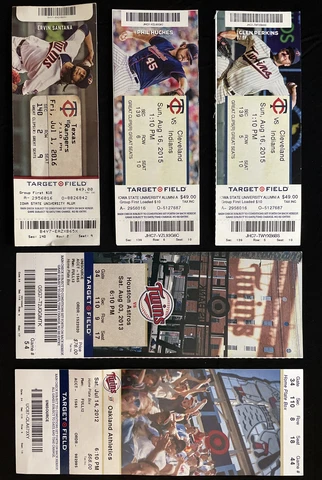 5 Assorted MN TWINS TICKET STUBS | Santana Perkins Hughes 2012, 2013, 2015, 2016 Cover