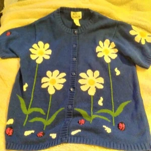 Quacker Factory Cardigan Womens Blue Sz-L- Daisies Ladybugs Flower Sweater VTG - Picture 1 of 11