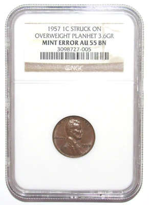 1957 Cent Struck on Overweight Planchet 3.6GR NGC Mint Error AU 55 BN - Image 1 of 4