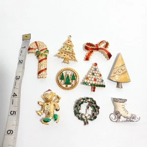 Lot of 9 VTG Christmas Brooch 1.5" Bear Tree Bow Candycane Rhinestone Monet Lia - Picture 1 of 11