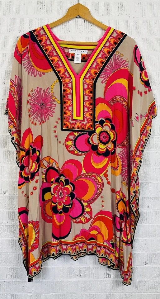 Vestido para mujer Trina Turk 100 % seda Theodora caftán XS/S estampado floral de gran tamaño Foto 1 de 4