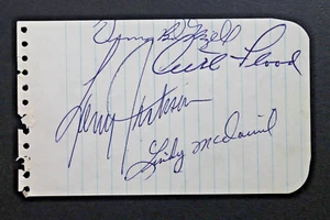 Curt Flood (d.1997) Lindy McDaniel (d.2020) Autographed Signed 3x4 Note Page - Picture 1 of 3