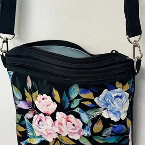 Crossbody Purses Roses Handmade in USA Black Flower Bag Adjustable Straps - Picture 1 of 7