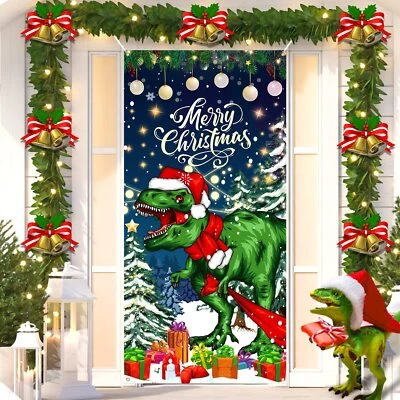 Cubierta de puerta de dinosaurio de Navidad grande dinosaurio feliz Navidad puerta banner decoración... Foto 1 de 4