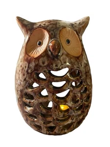 Pottery Spotted Owl Luminary Tea Light Holder 6” Brown Glazed - Picture 1 of 7