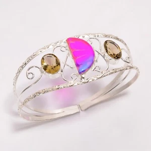 925 Silver Fancy Bio Tourmaline Smoky Quartz Gemstone Bezel Dainty Cuff Bracelet - Picture 1 of 6
