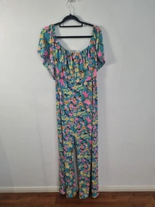 SACHA DRAKE size 18 bright blue floral jersey off the shoulder jumpsuit party - Picture 1 of 5