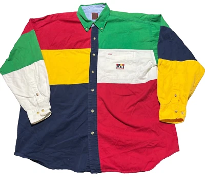 Camisa vintage tallada con volantes para hombre XL bloques de colores algodón abotonado vela preppy años 80 Foto 1 de 4