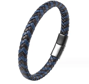 Men Women 8mm Black Blue Braided Leather Wrist Bracelet Magnetic Bangle 6.5-9" - Picture 1 of 2