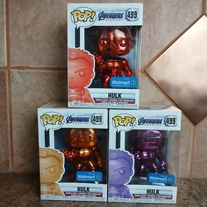 3 x Funko POP! Marvel Avengers Endgame HULK Chrome #499 - RED - PURPLE & ORANGE - Picture 1 of 9