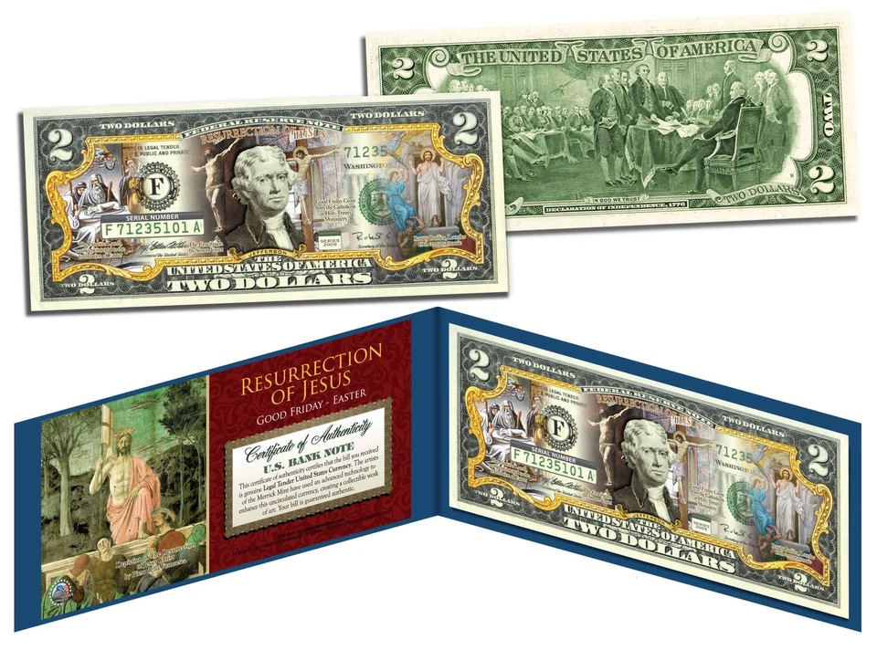 FELIZ PASCUA * Regalo religioso * Billete de $2 coloreado EE. UU. Licitación legal con folio Foto 1 de 1