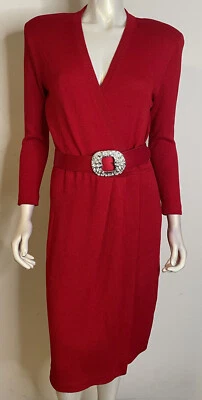 Vintage St John Bright Red Surplice Wrap V Neck Dress 4 Rhinestone Belt Buckle - Image 1 of 4