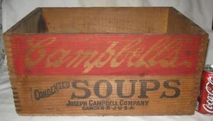 ANTIQUE USA COUNTRY CAMPBELLS CHICKEN GUMBO OKRA CONDENSED SOUP TIN CAN WOOD BOX - Picture 1 of 12