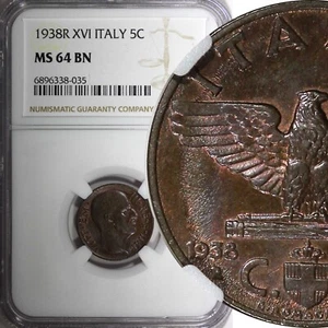 ITALY Vittorio Emanuele III Bronze 1938 XVI R 5 Centesimi NGC MS64 BN KM# 73 (5) - Picture 1 of 5